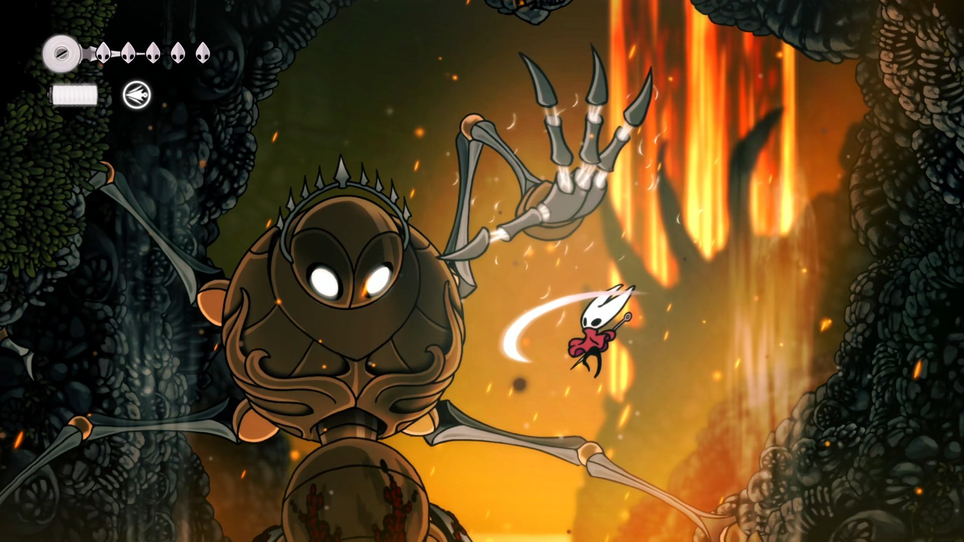 یک روبات بزرگ با چهار دست مکانیکی در حال حمله به هورنت در Hollow Knight: Silksong