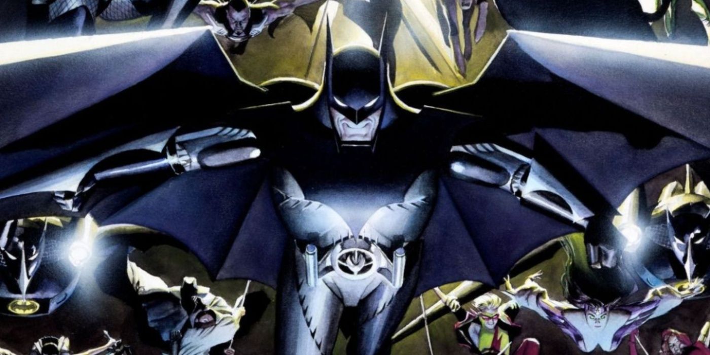 Batman wearing his Nano-Mech Armor, dodging an attack from Superman