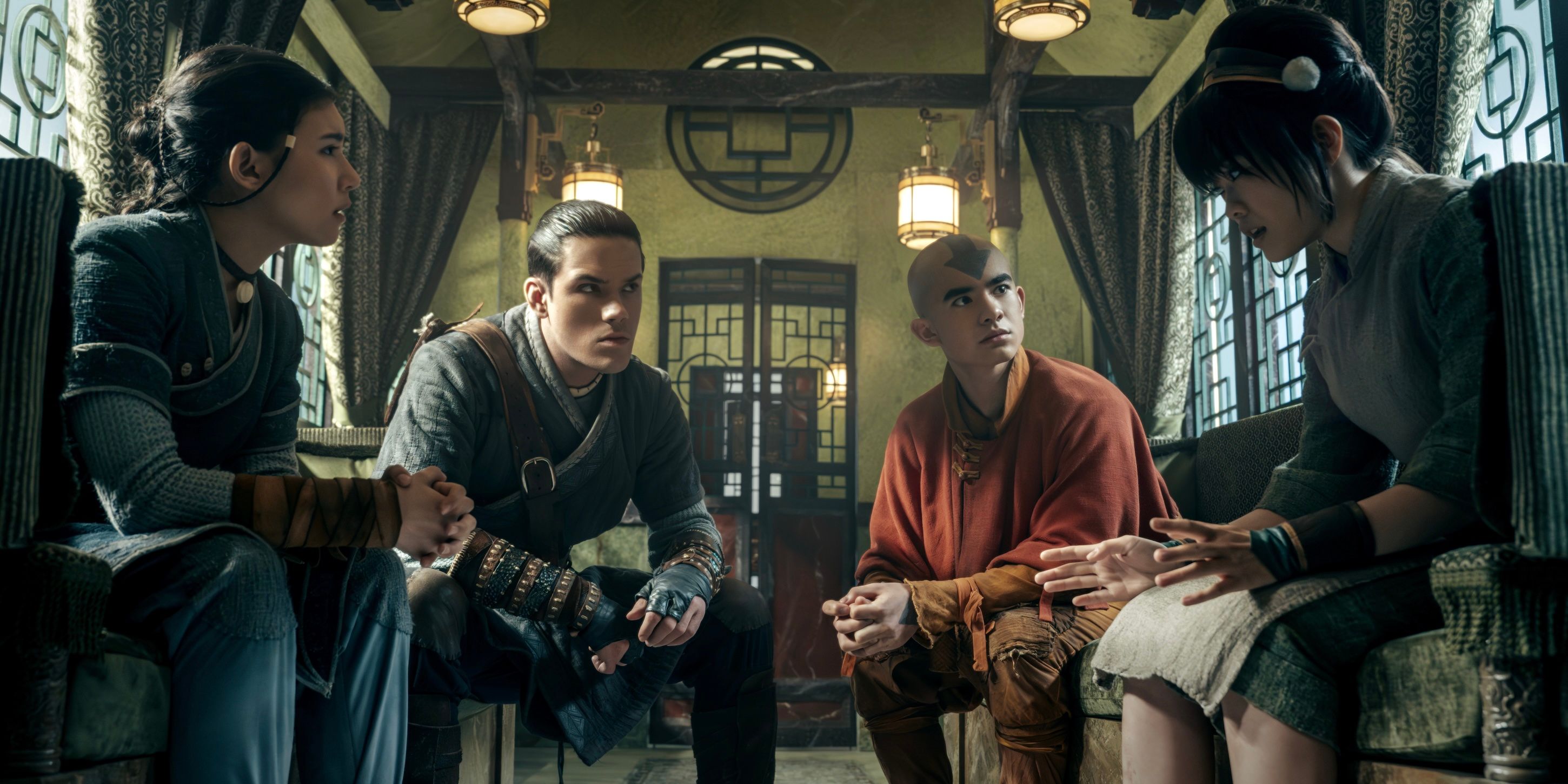 Katara (Kiawentiio), Sokka (Ian Ousley), Aang (Gordon Cormier), and Toph (Miya Cech) on Avatar: The Last Airbender
