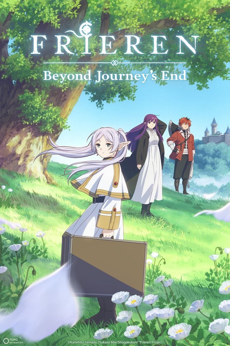 Frieren is holding a case and looking behind herself while Fern and Stark wait for her in Frieren: Beyond Journey's End.