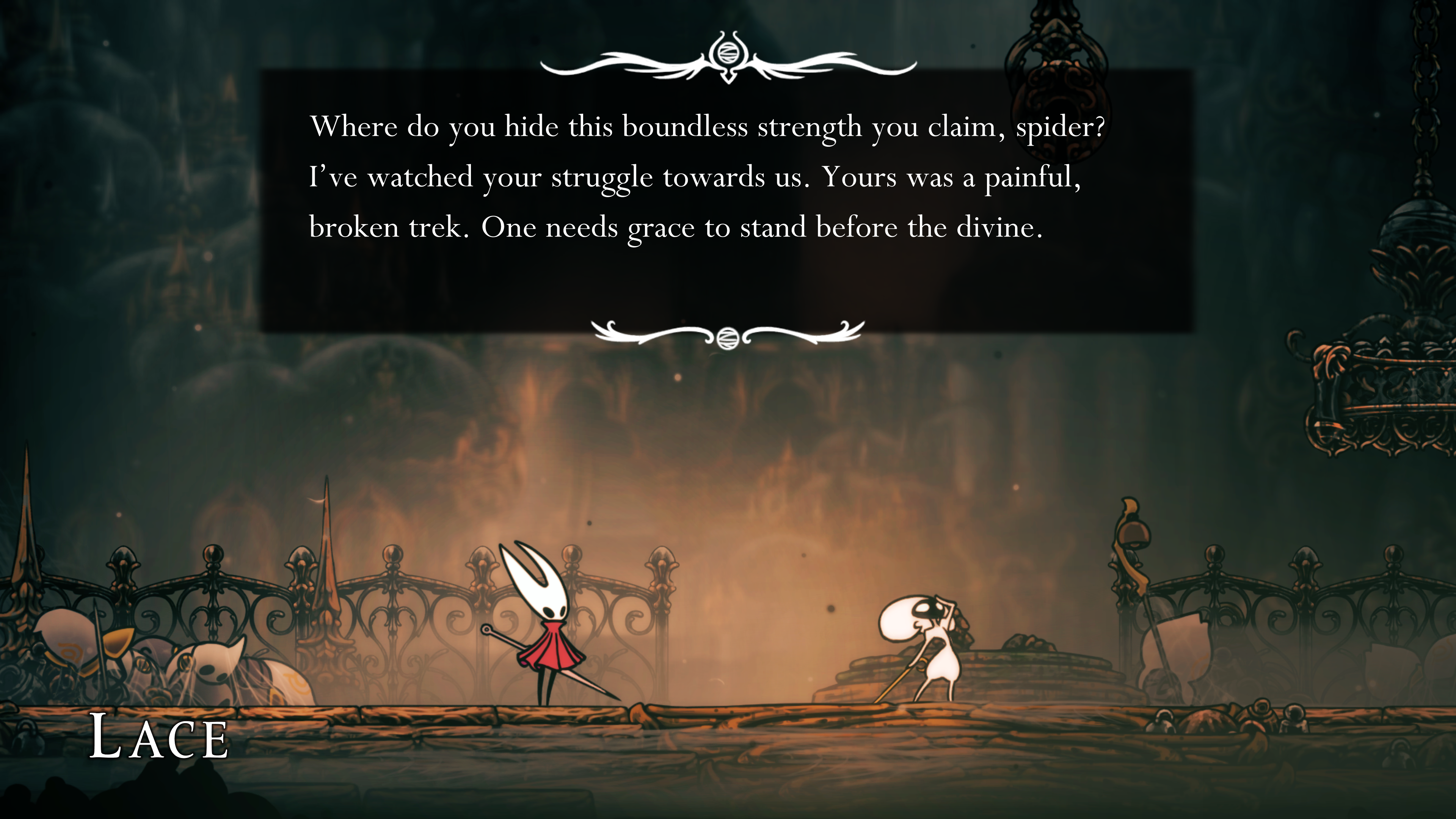 صحنه‌ای از گفتگو بین هورنت و دشمنش در Hollow Knight: Silksong