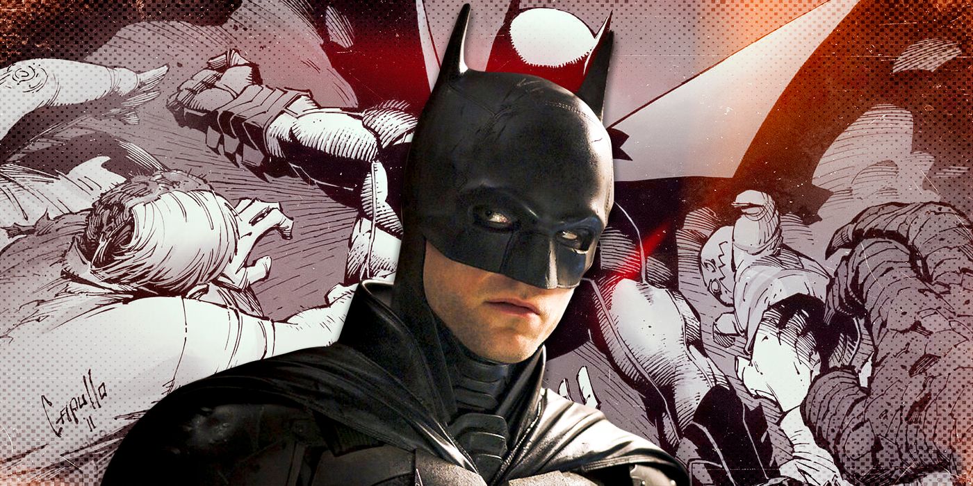 Batman in the center with Greg Capullo's New 52 Batman art from the Court of Owls saga