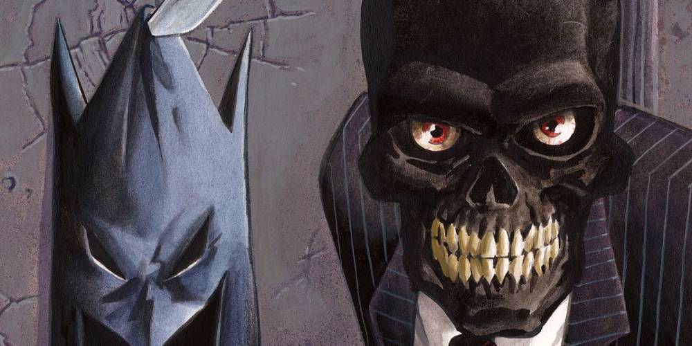 Black Mask grimacing at the viewer. Behind him, Batman's cowl has been pinned to the wall with a knife.