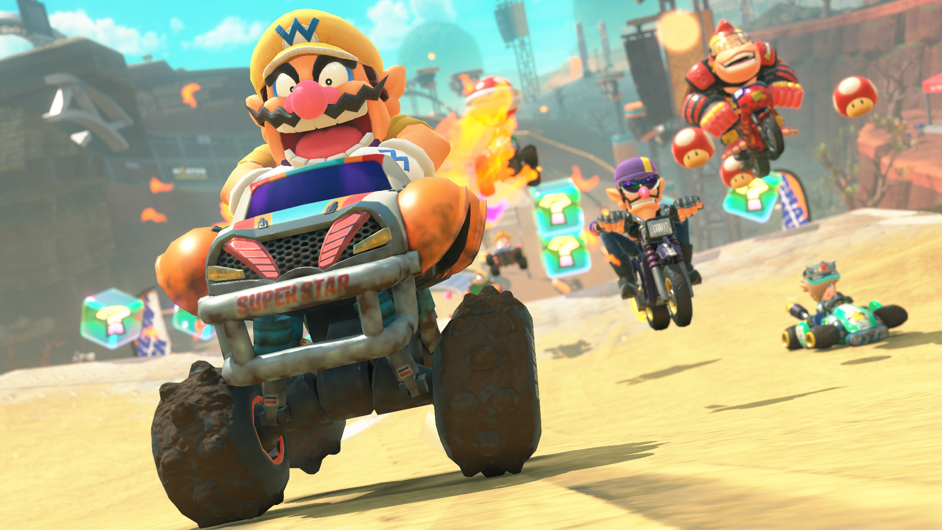 Mario Kart World screenshot for Switch 2 showing Wario blasting ahead