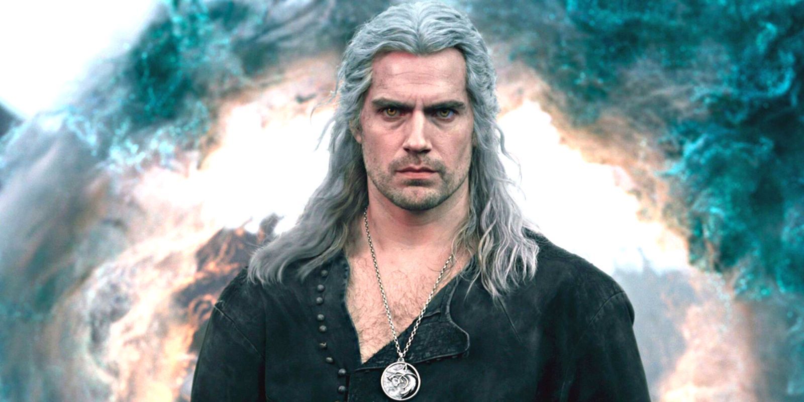 Henry Cavill as Geralt in The Witcher stands in front of circular teal clouds