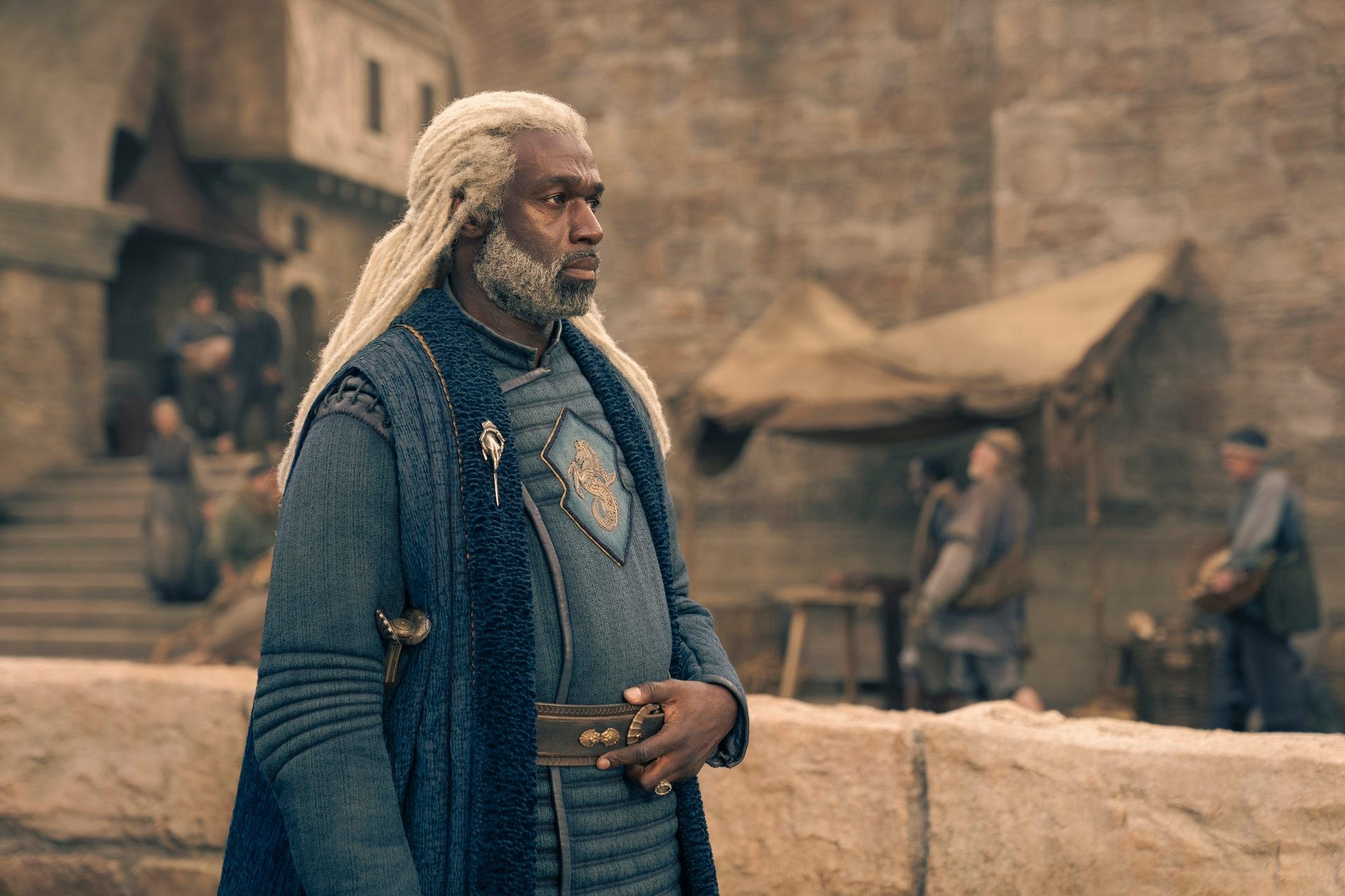 Steve Toussaint as Corlys Velaryon in House of the Dragon season 2 with hand on belt
