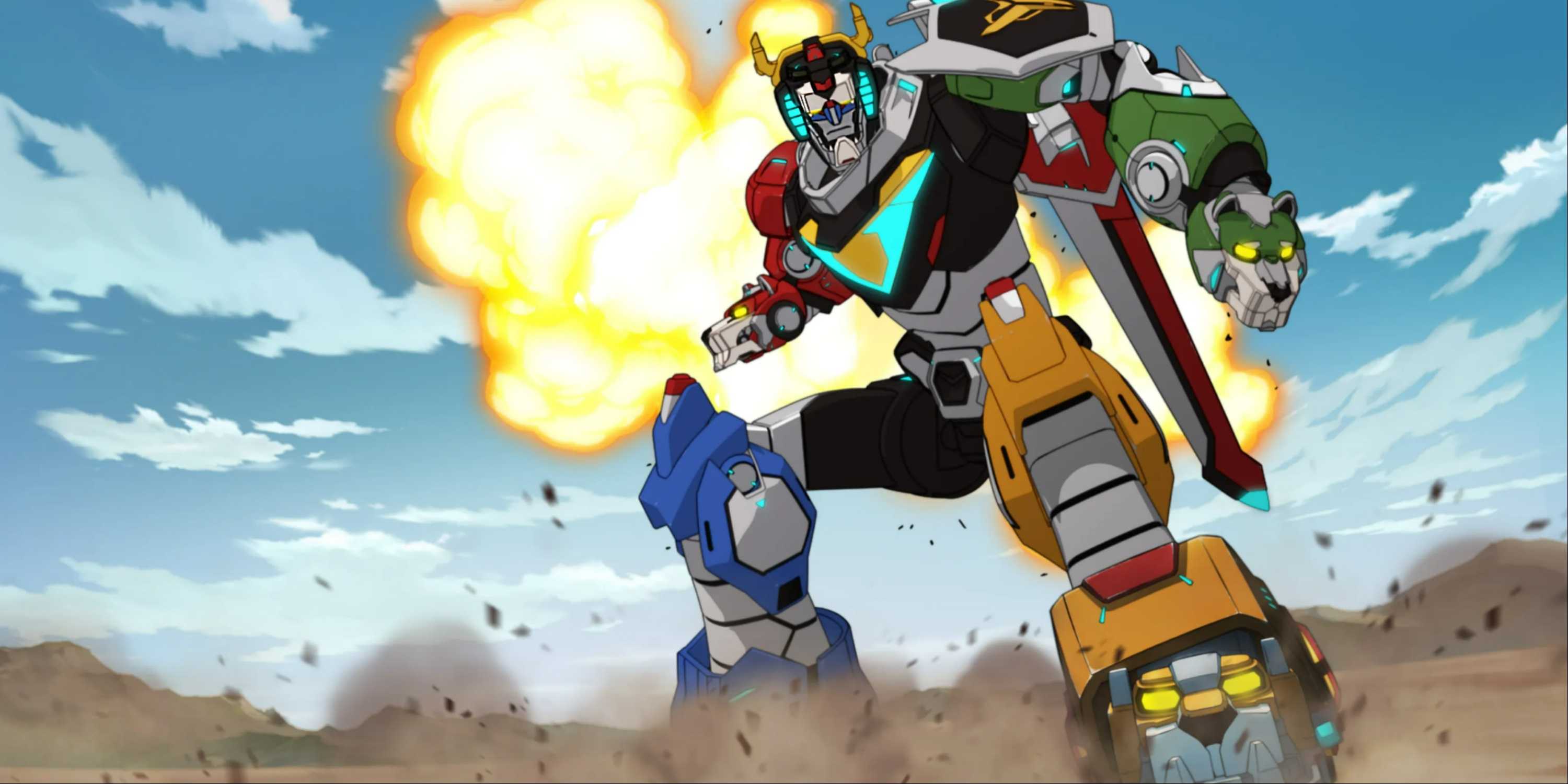 Voltron defends itself from a giant explosion and doing a pose in Voltron: Legendary Defender