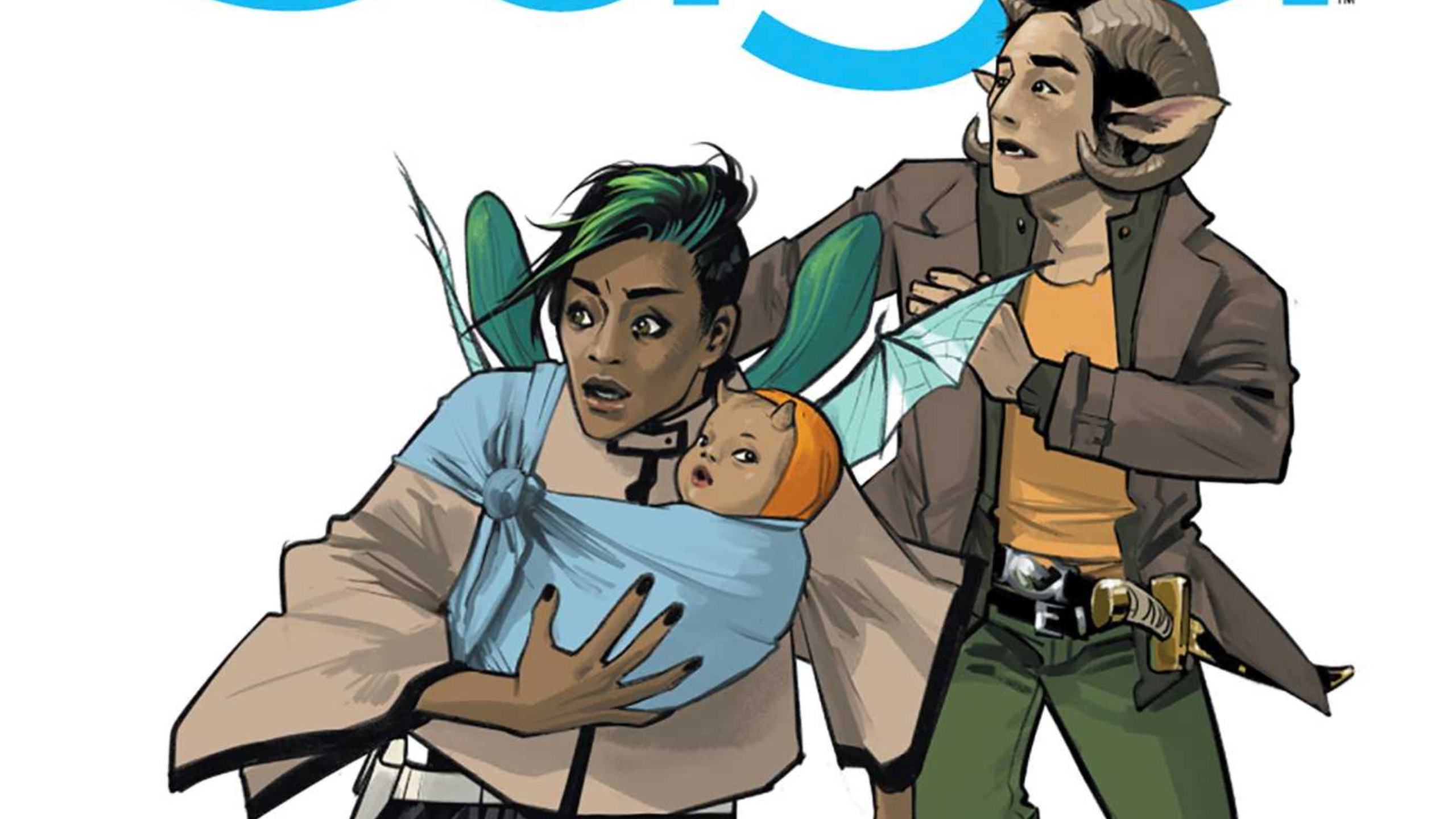 Alana, holding her daughter Hazel, and Marko running on a white field