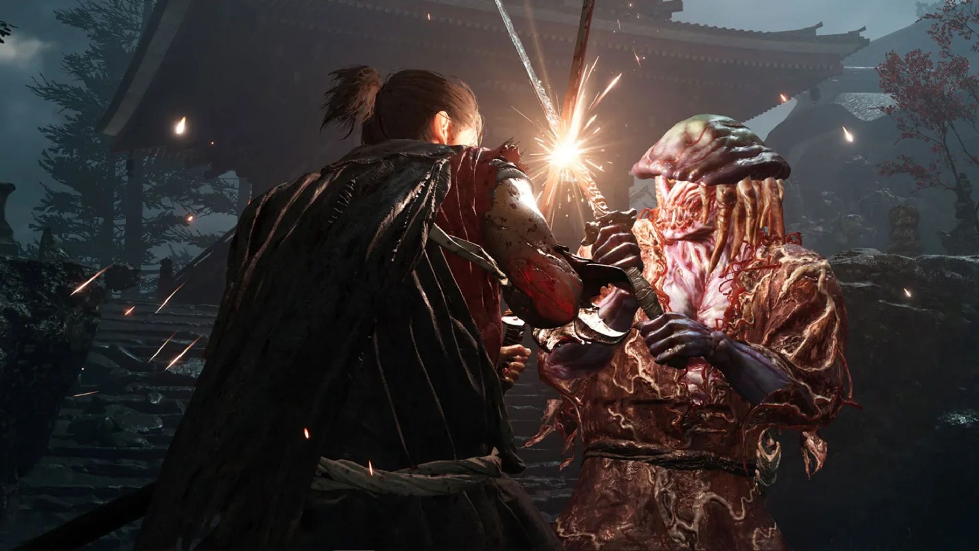 Miyamoto Musashi clashing swords with a monster as sparks fly off their swords in Onimusha: Way of the Sword