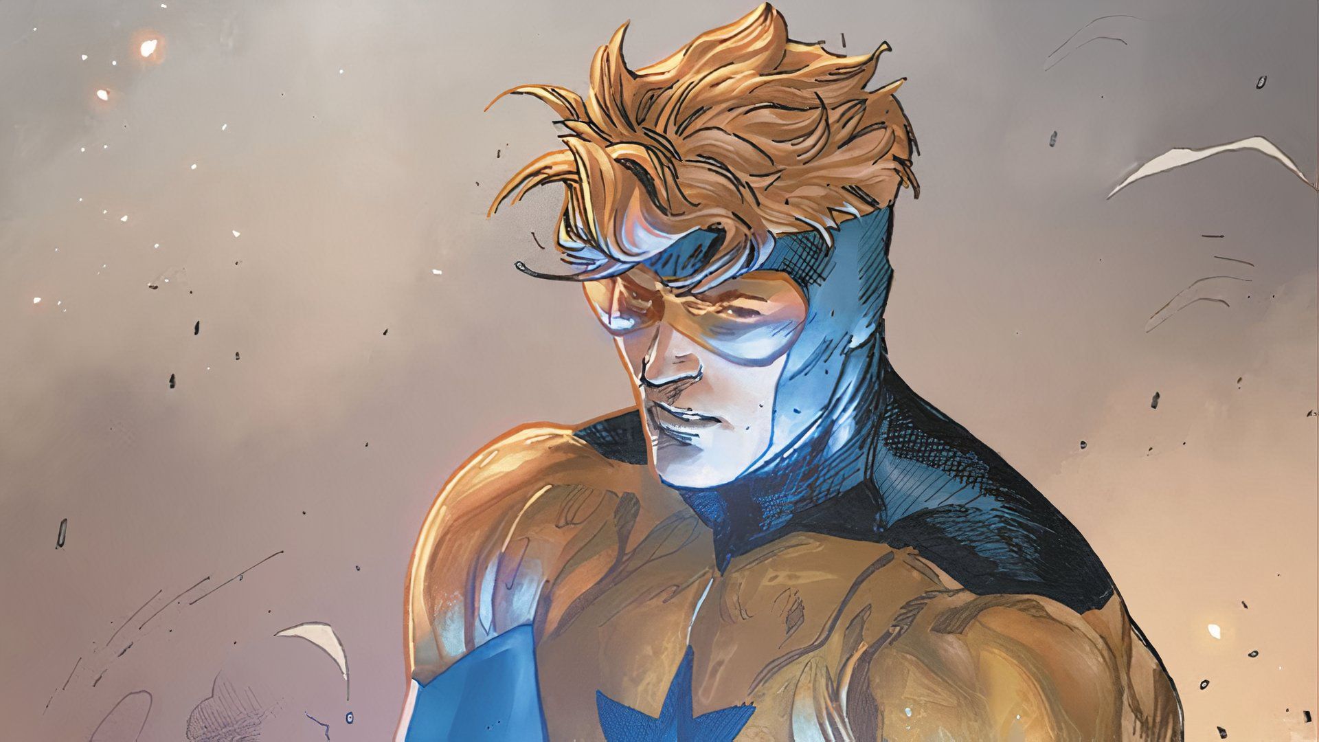Heroes in Crisis artwork shows Booster Gold surrounded by smoke.