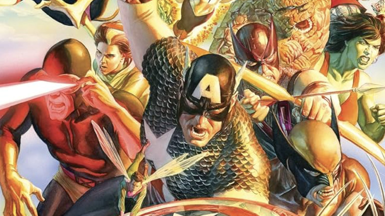 Cyclops, Rogue, Wasp, Captain America, Hawkeye, Wolverine, The Thing, She-Hulk, and more in the Secret Wars cover art by Alex Ross