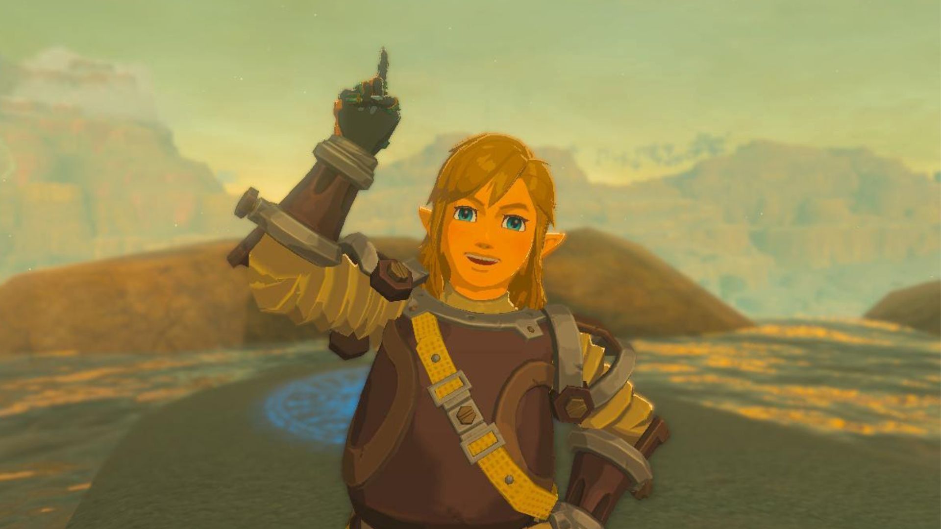 Link pointing finger upwards as he figures out a problem in Legend of Zelda Tears of the Kingdom