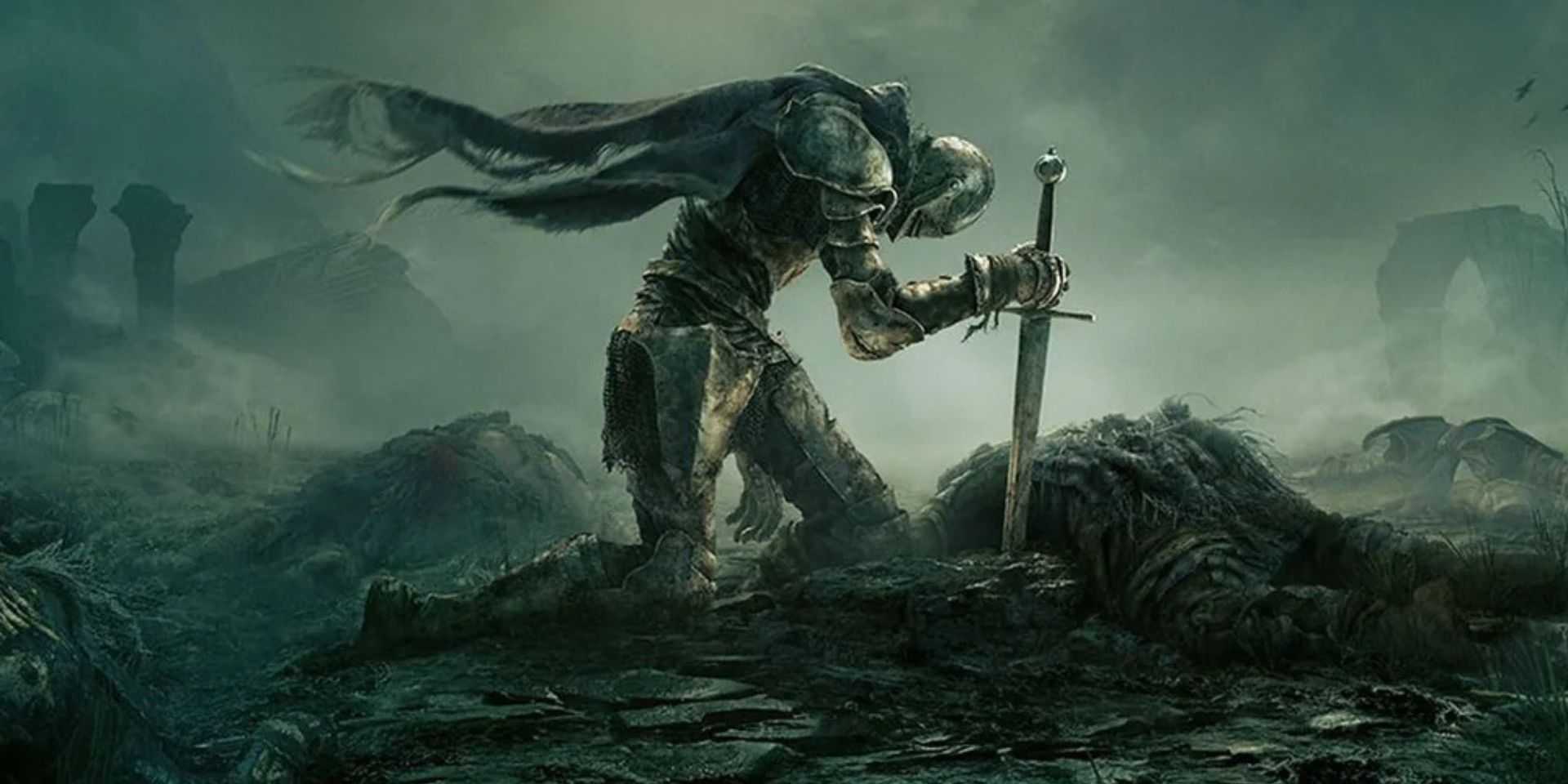 The cover art of Elden Ring portrays Knight Vyke bent down with his sword.
