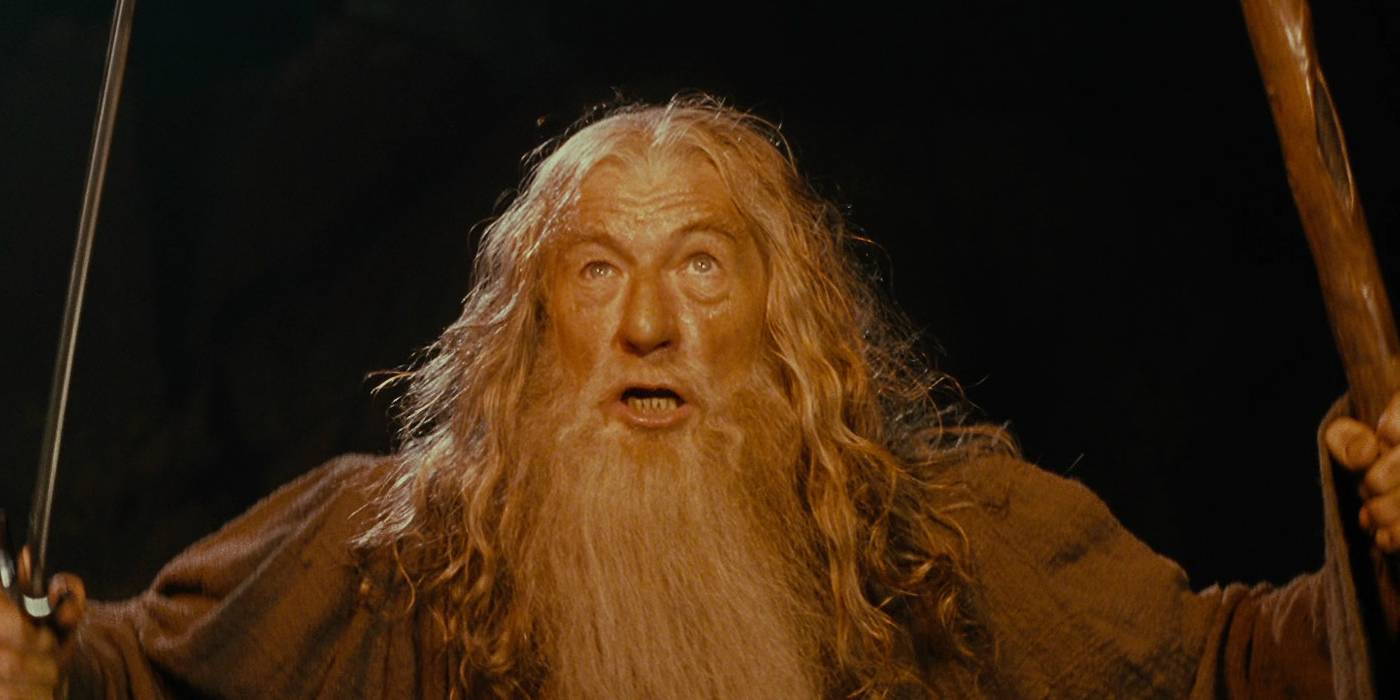 Gandalf stands in front of the Balrog with his staff and sword raised in defiance.