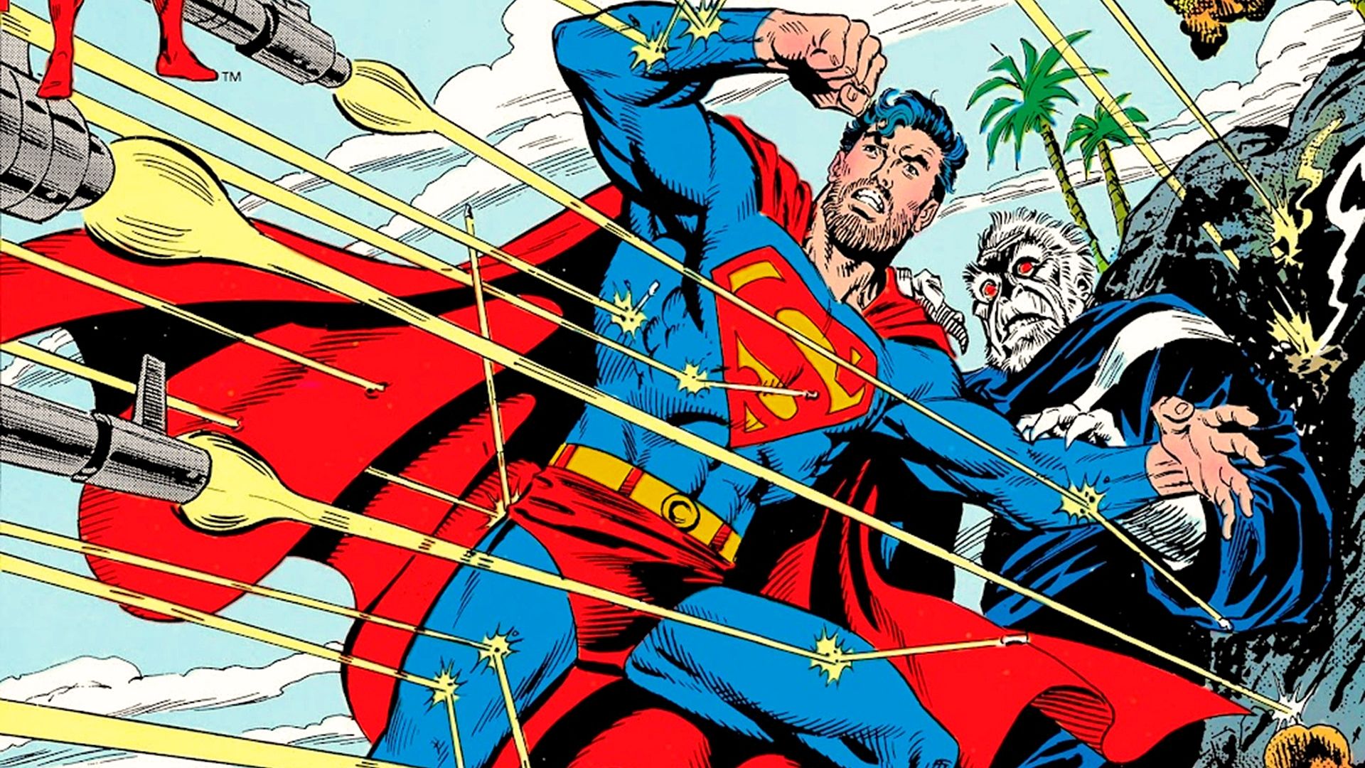 Superman shielding the cleric from bullets from the comics