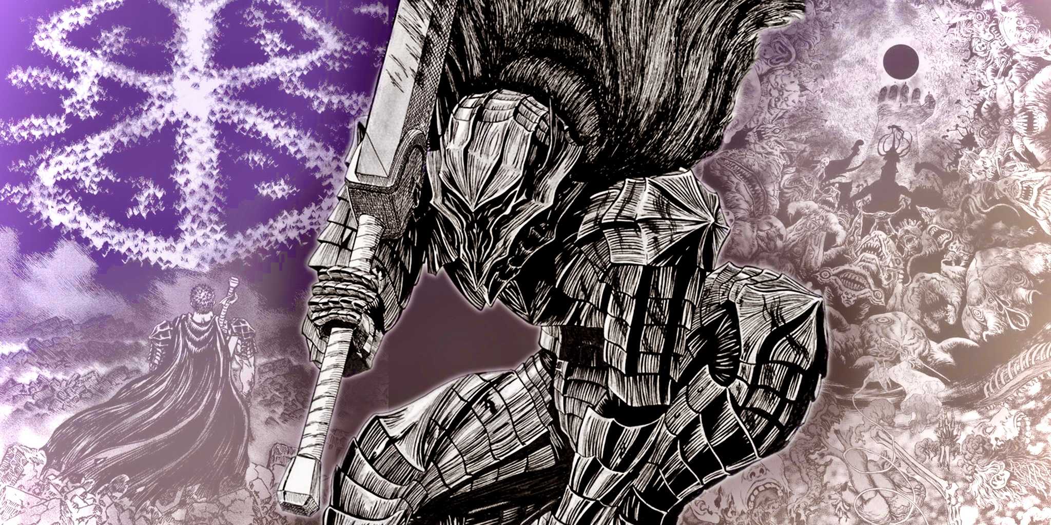 Guts in the Berserker armor with panels from the Eclipse in the Berserk manga