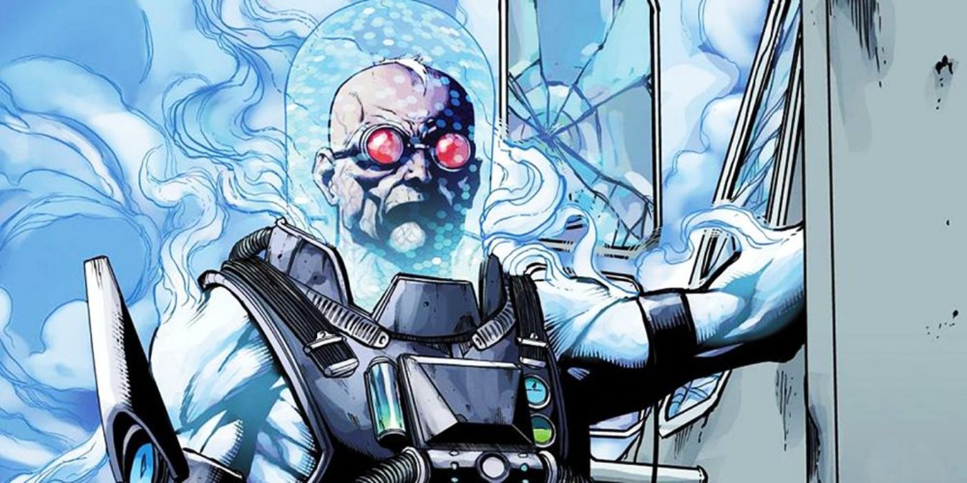 Mr. Freeze looks angry and is standing in front of cracked glass in DC Comics.