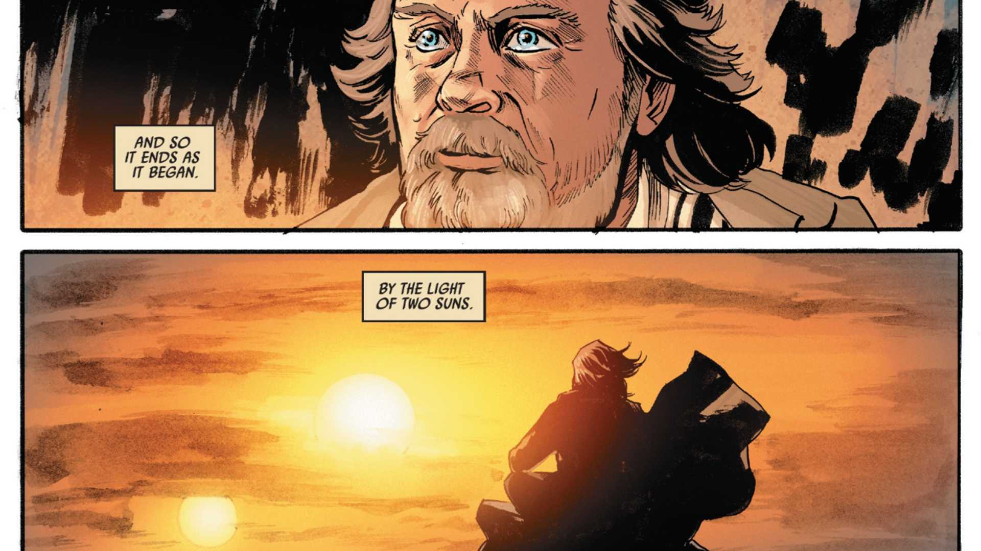 A dying Luke Skywalker looks out and sees two suns in The Last Jedi comic