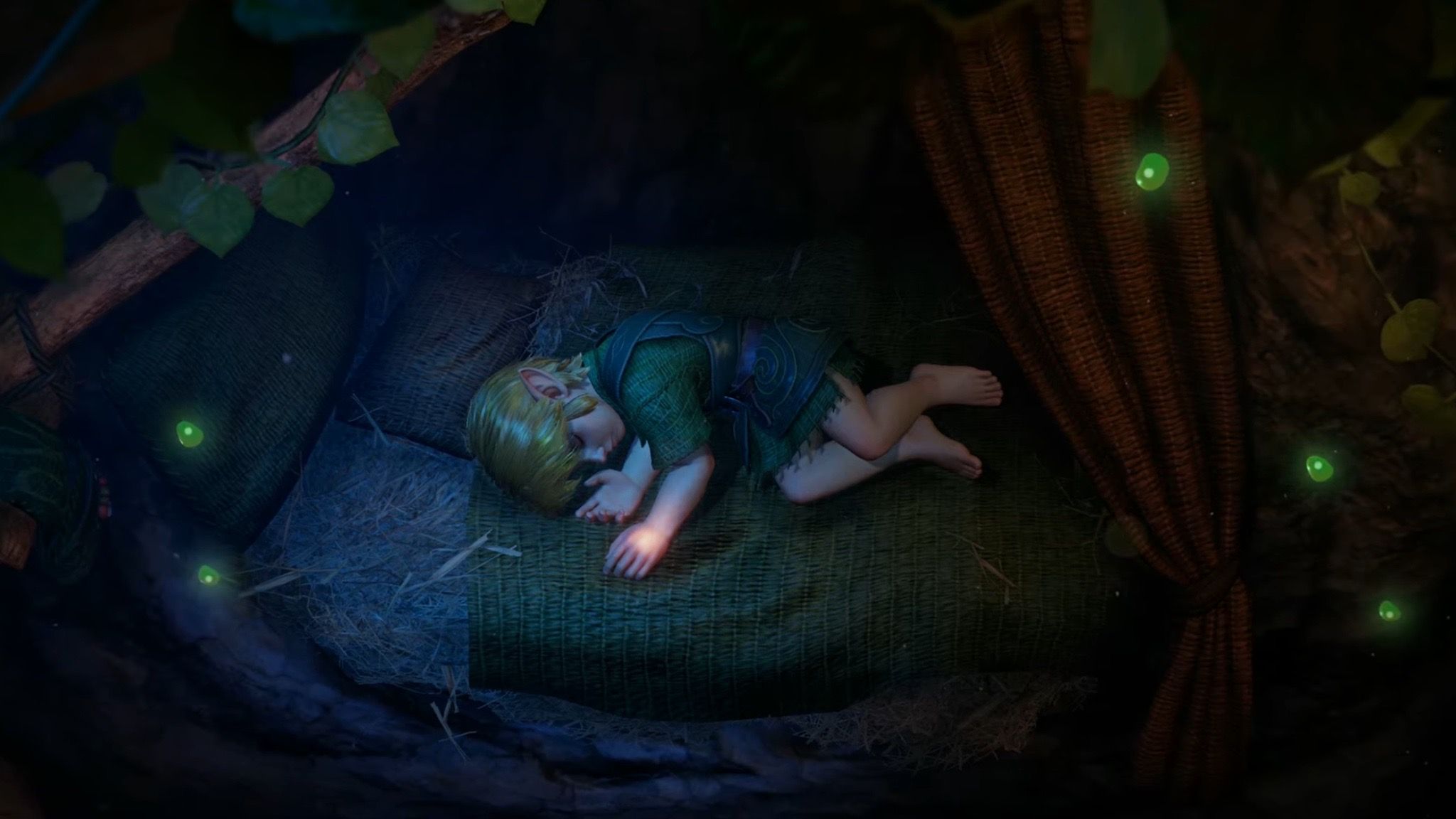 Link sleeps in Kokiri Forest in the Zelda: Ocarina of Time Switch 2 Remake