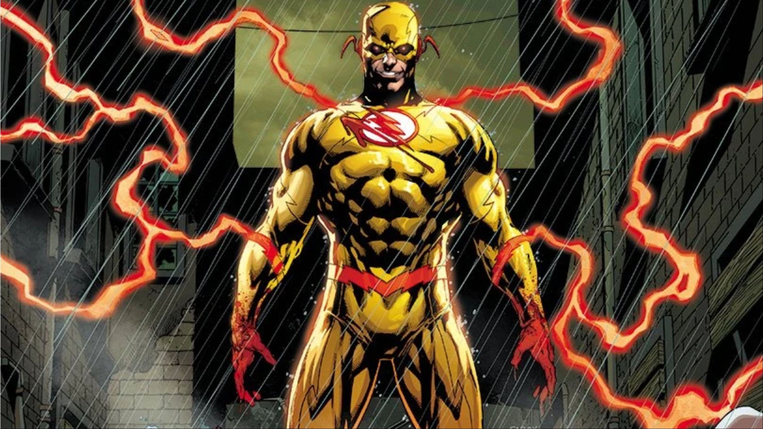 Reverse Flash smiling with red lightning