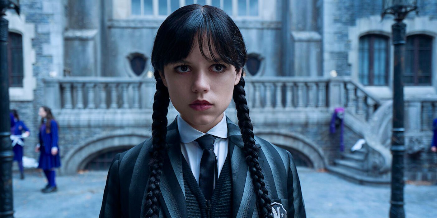 Jenna Ortega wearing a school uniform as Wednesday Addams in Netflix's Wednesday
