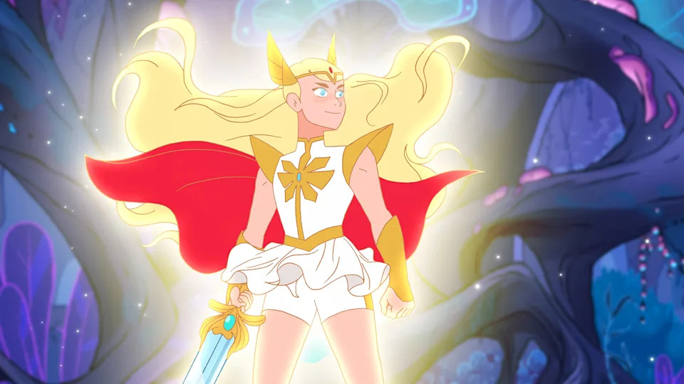 آدورا در حال نگه داشتن شمشیر حفاظت در سریال انیمیشنی She-Ra and the Princesses of Power