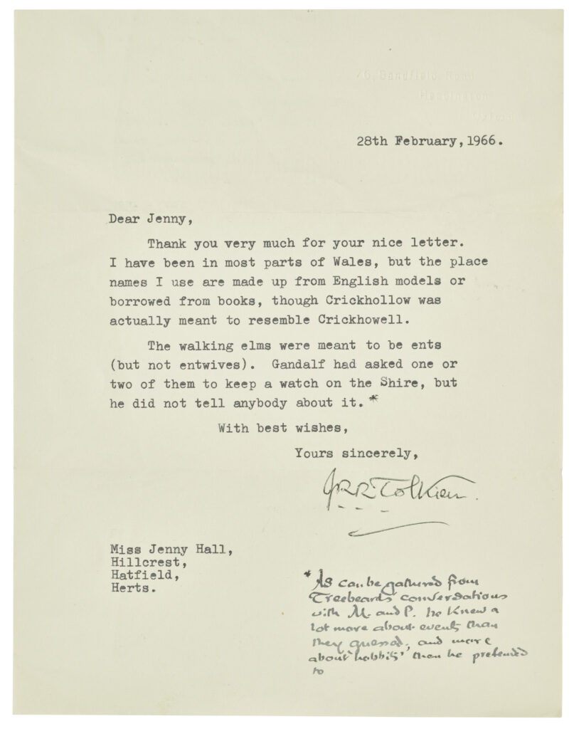 Typed letter signed (‘J.R.R. Tolkien’) to Jenny Hall, Hillcrest, Hatfield, 28 February 1966.