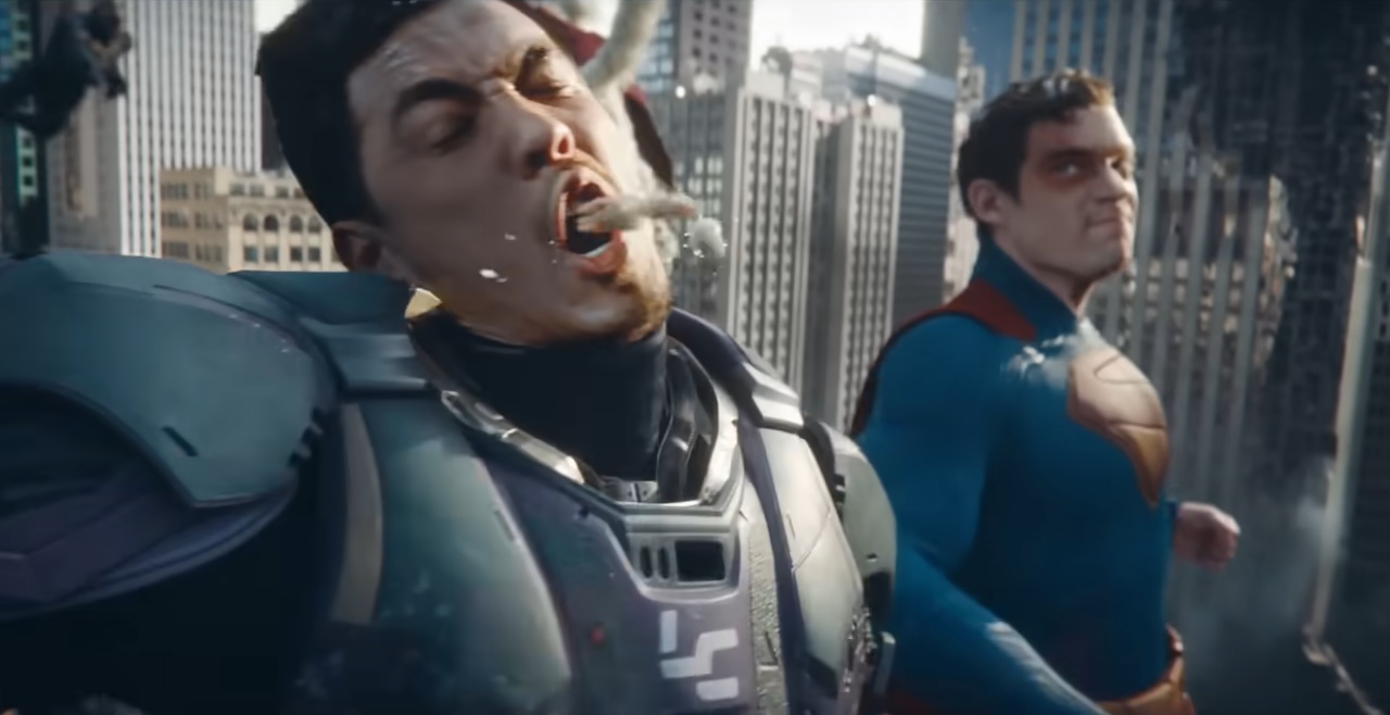 Superman punching a flying soldier in Superman.