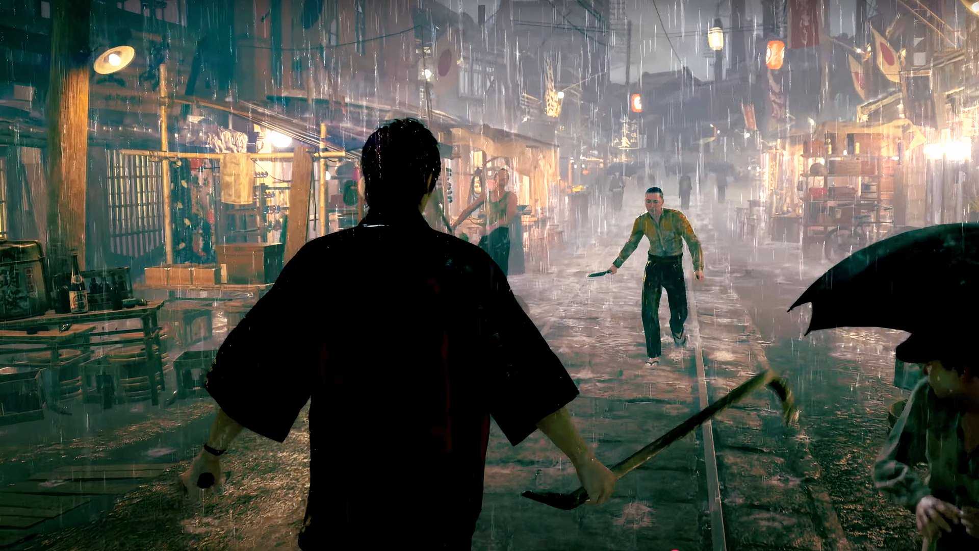 Two men about to fight on the street in the pouring rain