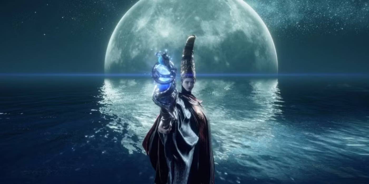 Elden Ring's Rennala, Queen of the Full Moon is wielding her staff in the boss fight in Raya Lucaria Academy.