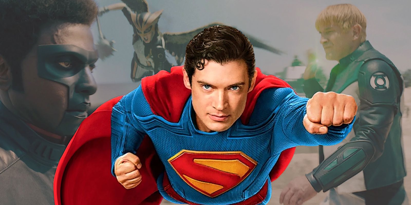 David Corenswet's Superman flying with the DCU's Justice Gang in the background