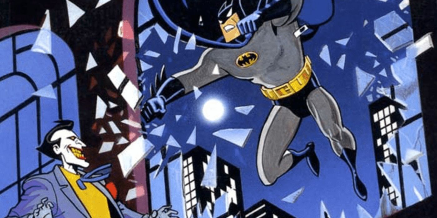 Batman crashes through a window and leaps at Joker in The Batman Adventures comic cover art.