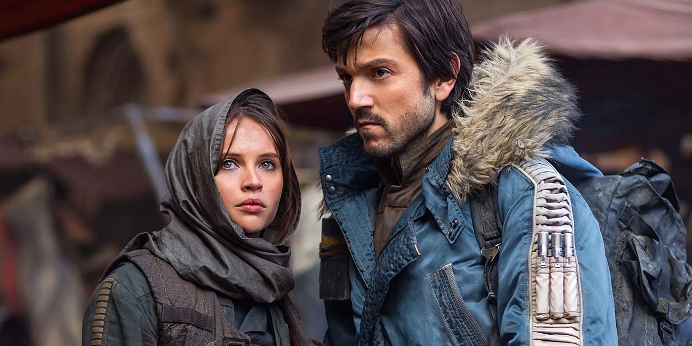 Felicity Jones as Jyn Erso and Diego Luna as Cassian Andor in Rogue One.