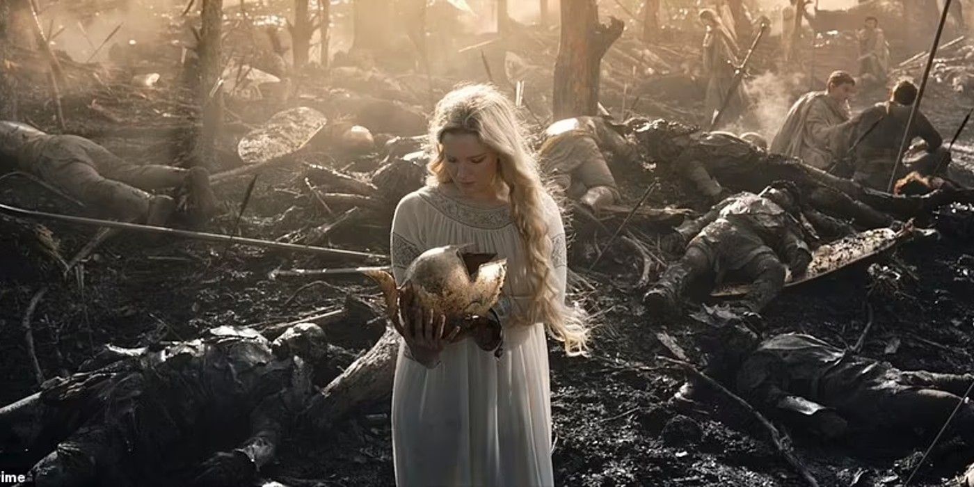 Galadriel mourns over an Elven helmet on The Rings of Power