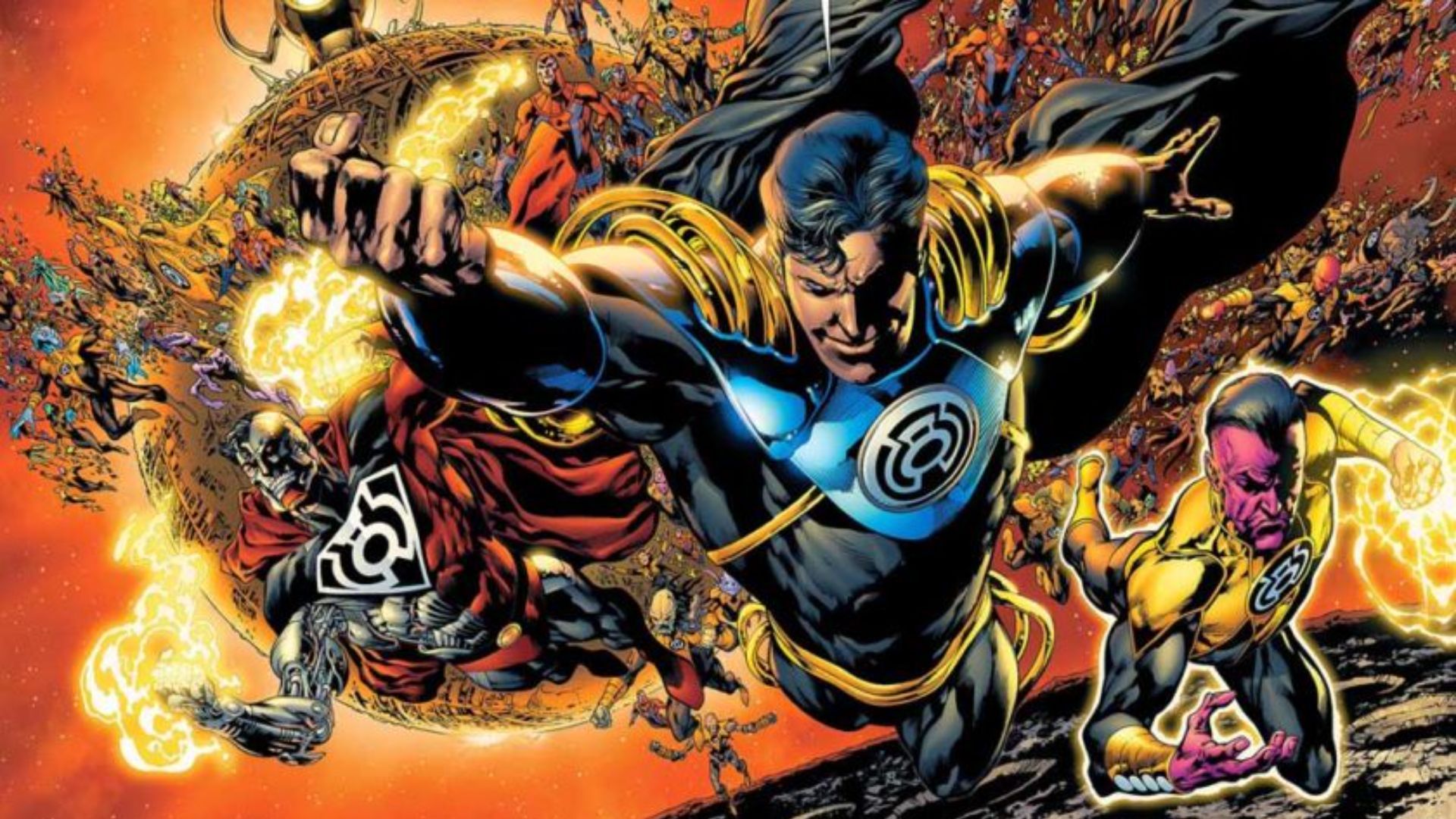Art for Sinestro Corps War featuring Sinestro, Superboy-Prime, Cyborg Superman and others.