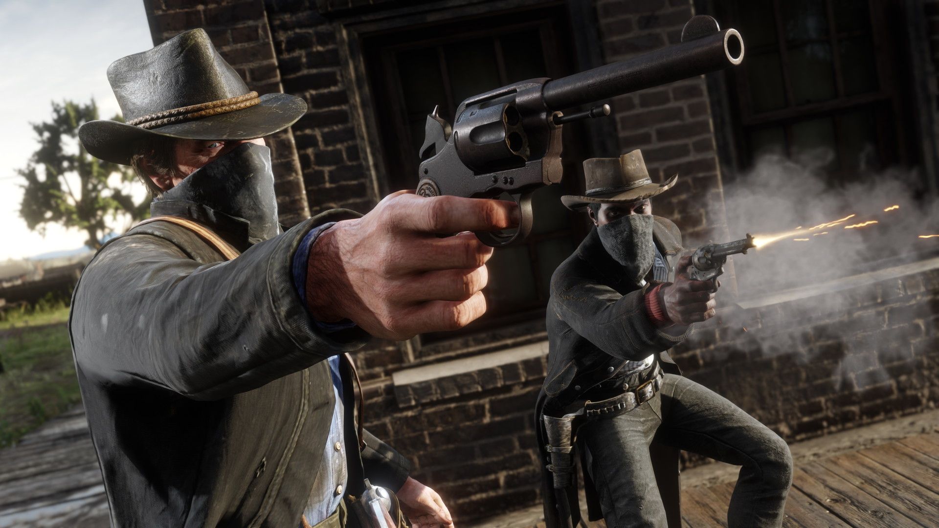 Red Dead Redemption 2 feature image showing player and npc holding guns