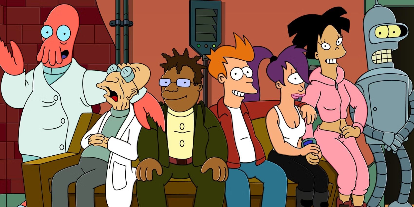 Characters of Futurama smiling on a couch