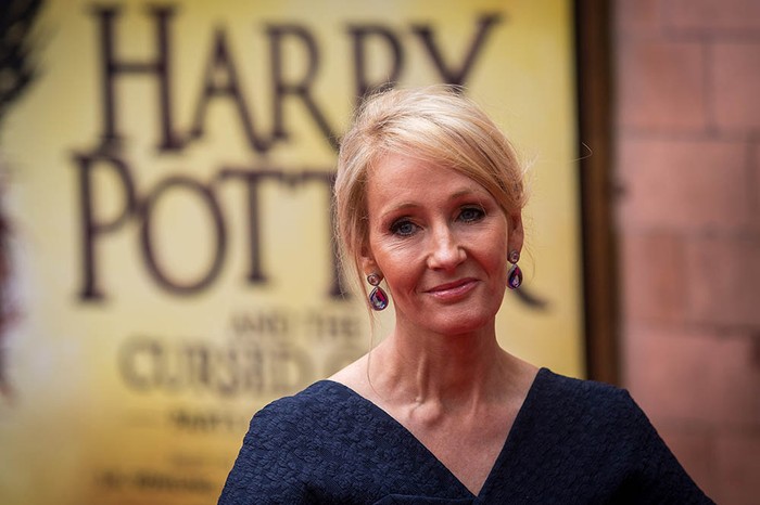 JK Rowling wearing a blue dress