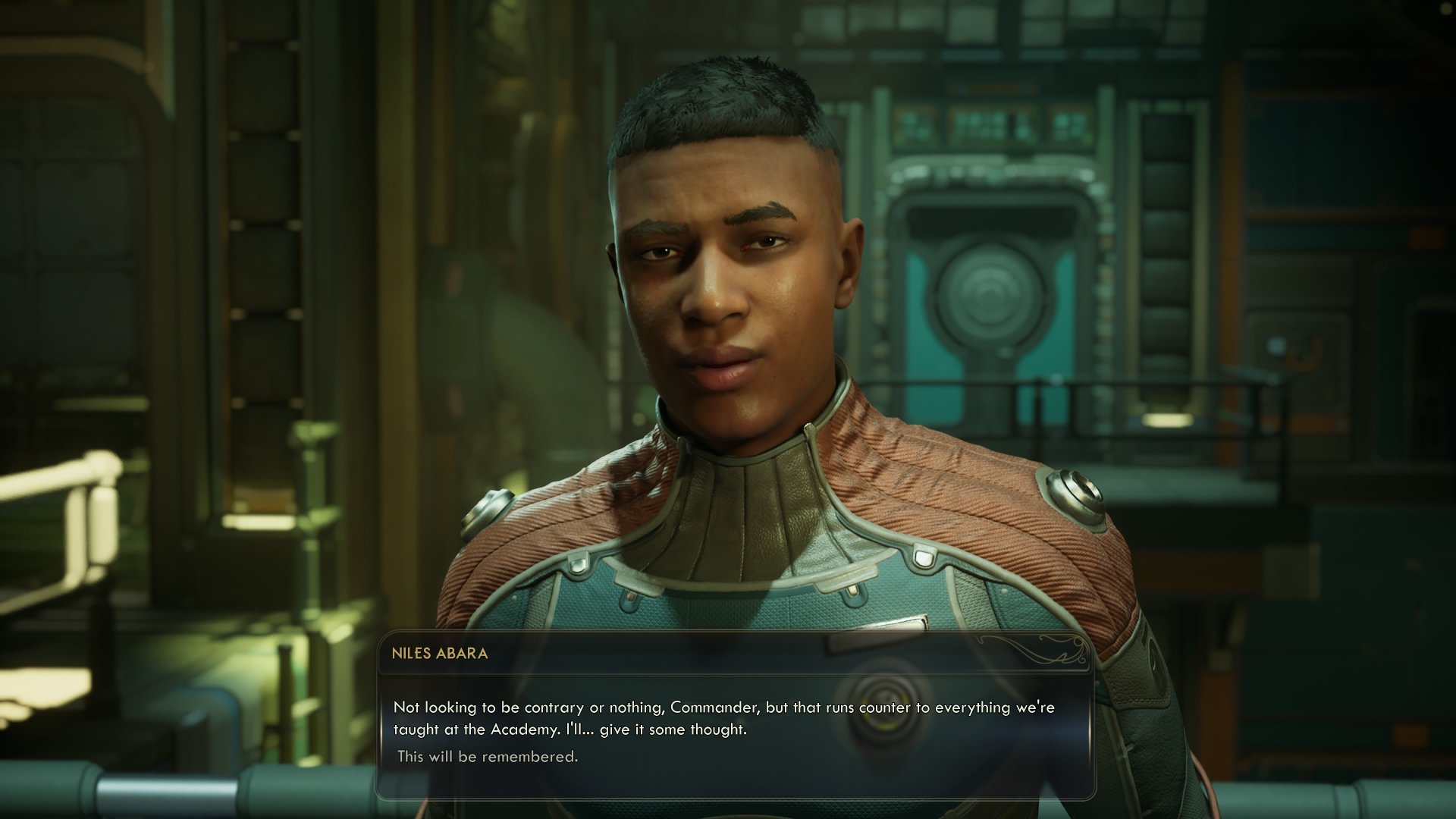 The Outer Worlds 2 screenshot showing companion Niles responding to advice from the player character, and "this will be remembered" shows below the dialogue box