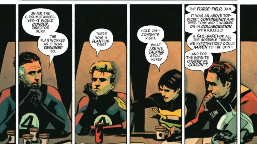 رید ریچاردز و اعضای Fantastic Four در حال بحث درباره نقشه میدان نیرو