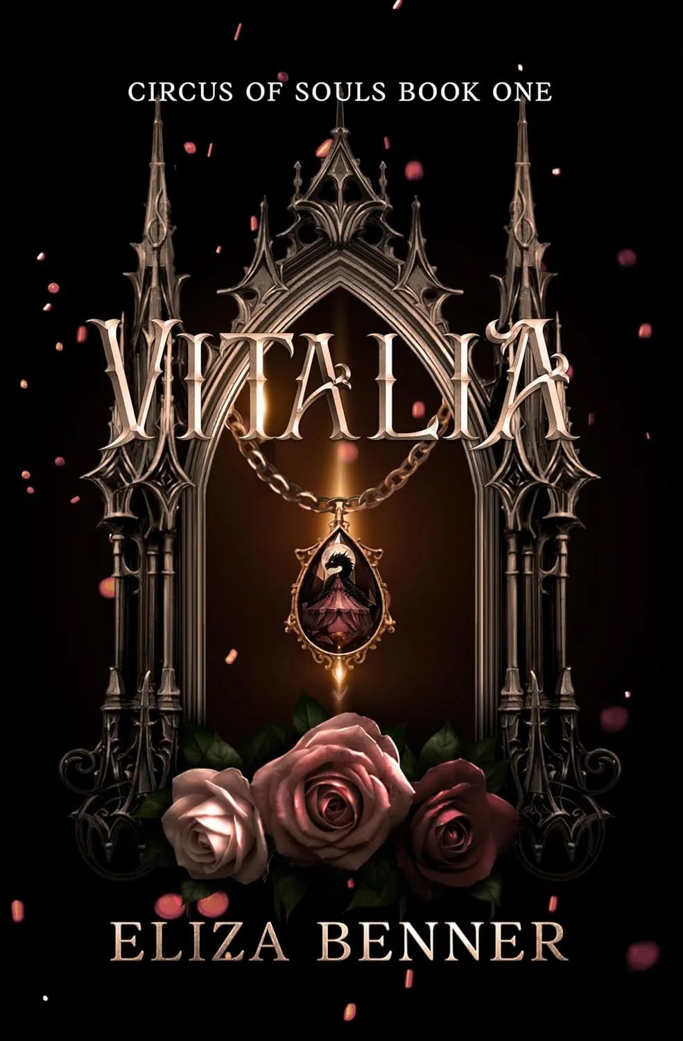 جلد کتاب Vitalia با قلعه‌ی تاریک، گردنبند و گل رز