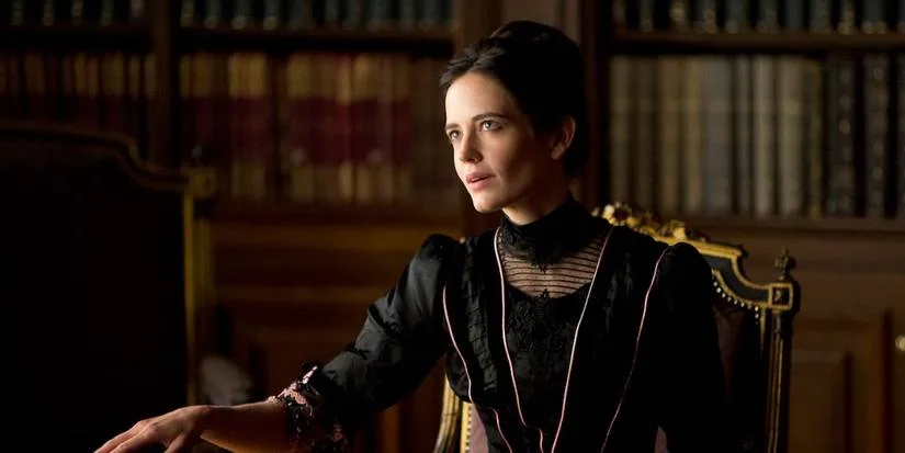 اوا گرین در نقش ونسا ایوز در سریال Penny Dreadful نشسته در کتابخانهای ویکتوریایی