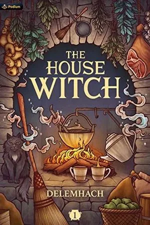 جلد کتاب The House Witch با تصویر آشپزخانهی روستایی و یک گربه