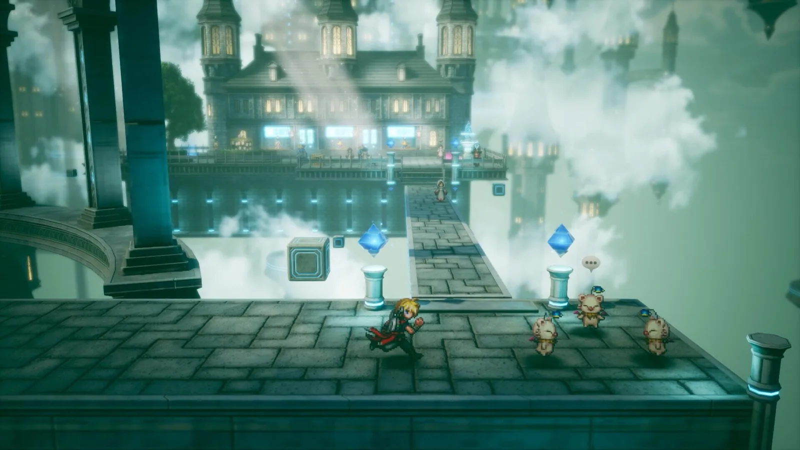 نبرد شخصیت در برابر دشمنان روی سکوی معلق در Final Fantasy Resonance
